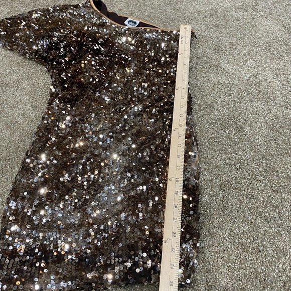 Brown Sequined Mini Dress One Shoulder Size 7 Medium Stretch Short Sleeve - Picture 12 of 13